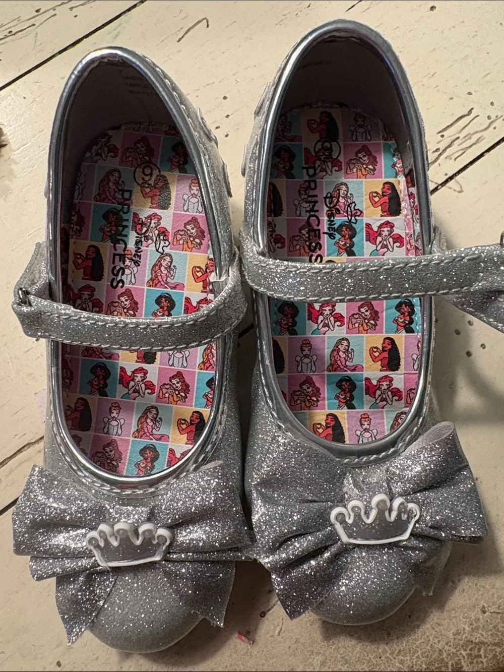 Disney Princess Girls' Silver Glitter Mary Jane Shoes with Crown Accent